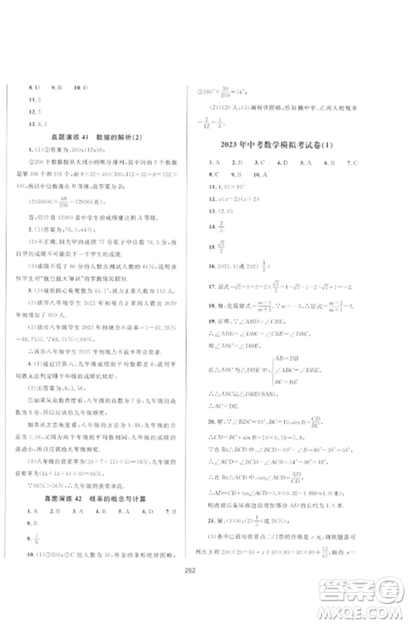 延邊大學(xué)出版社2023中考先鋒中考總復(fù)習(xí)九年級數(shù)學(xué)通用版參考答案