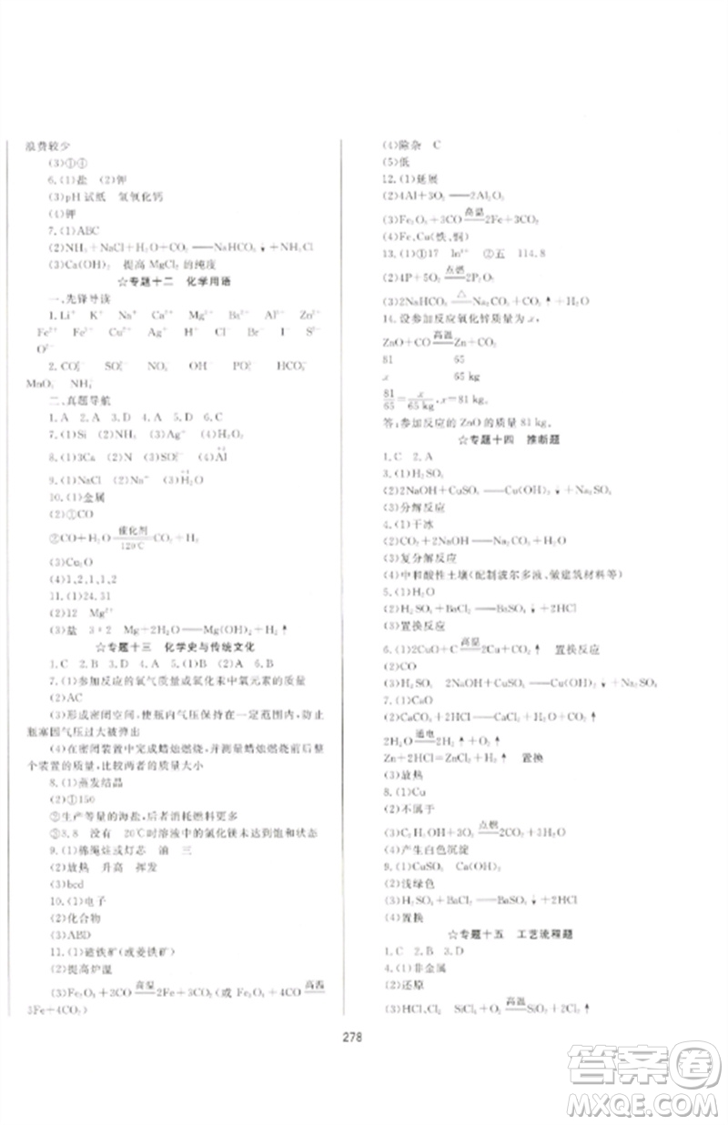 延邊大學出版社2023中考先鋒中考總復習九年級化學通用版參考答案