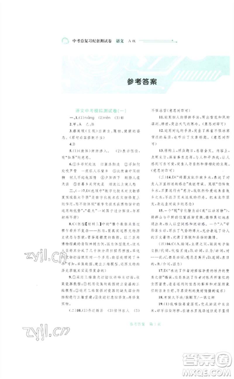 廣西師范大學(xué)出版社2023中考先鋒中考總復(fù)習(xí)配套測試卷九年級語文A版人教版參考答案