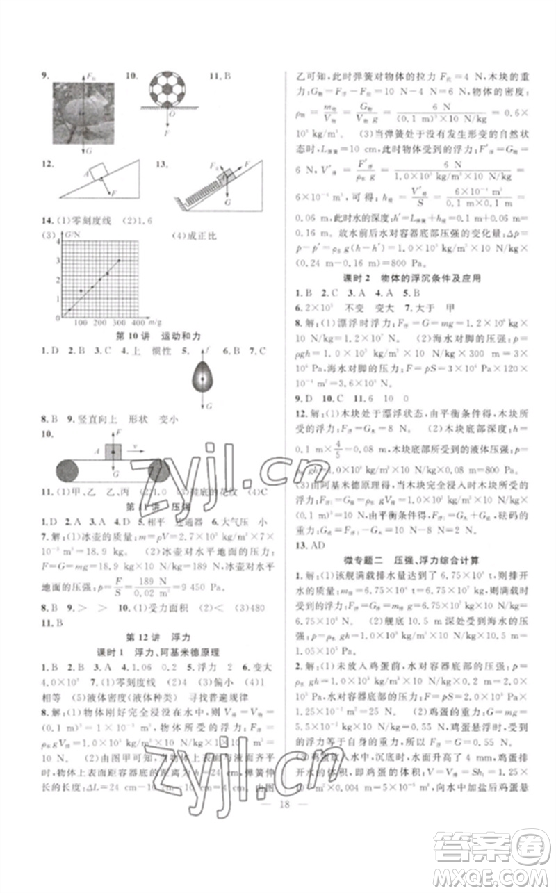 安徽師范大學(xué)出版社2023中考先鋒九年級(jí)物理通用版參考答案