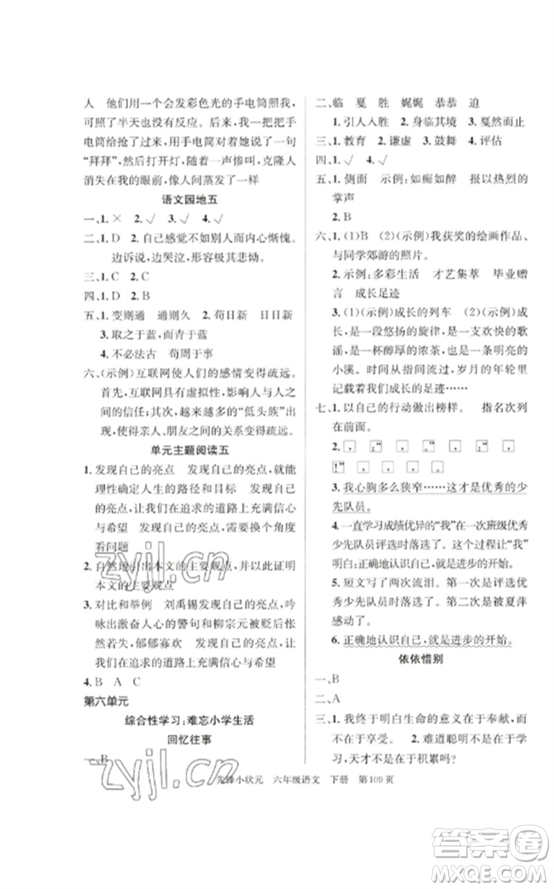 新世紀(jì)出版社2023先鋒小狀元六年級(jí)語(yǔ)文下冊(cè)人教版參考答案