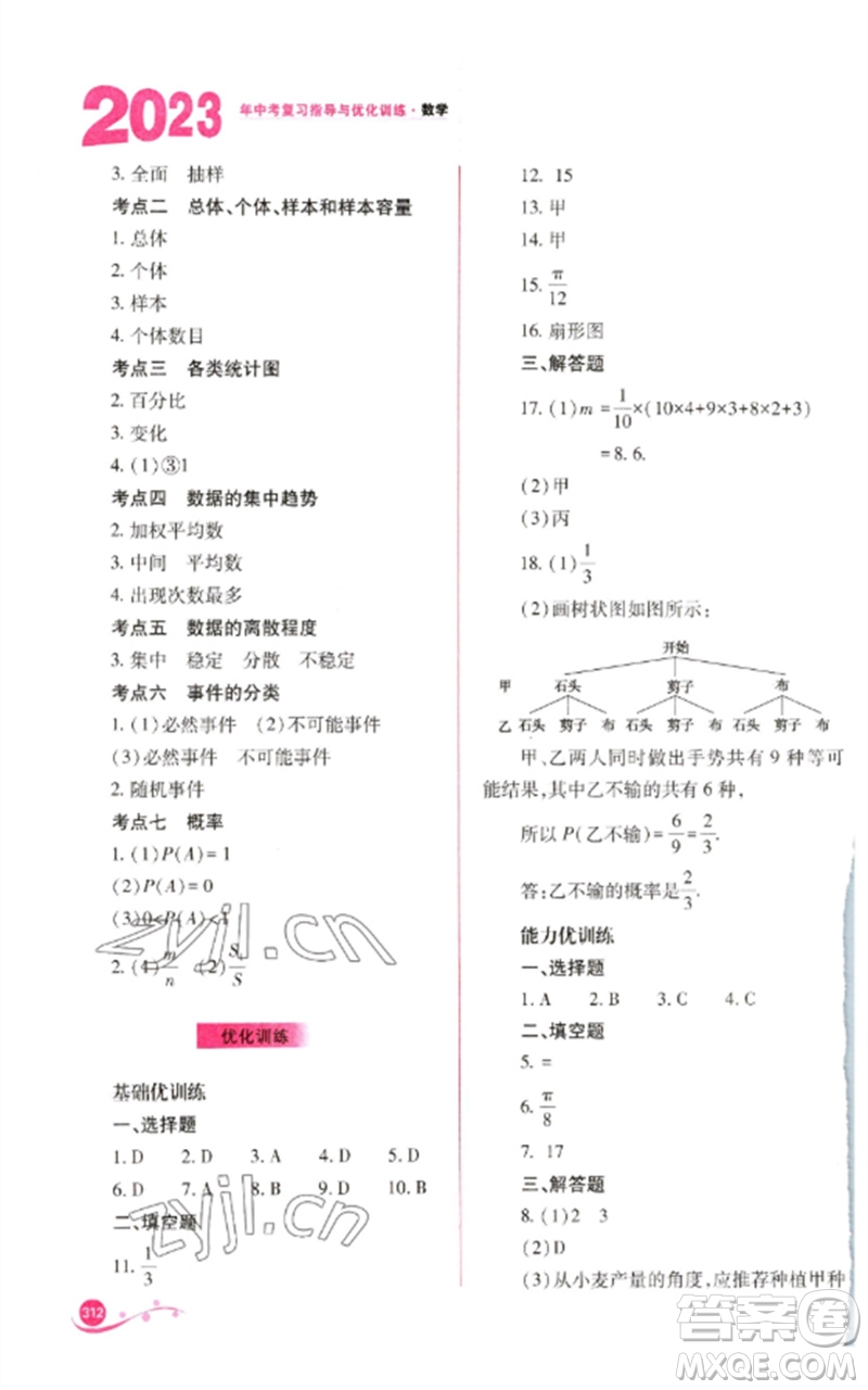 山西教育出版社2023中考復(fù)習(xí)指導(dǎo)與優(yōu)化訓(xùn)練九年級數(shù)學(xué)通用版參考答案