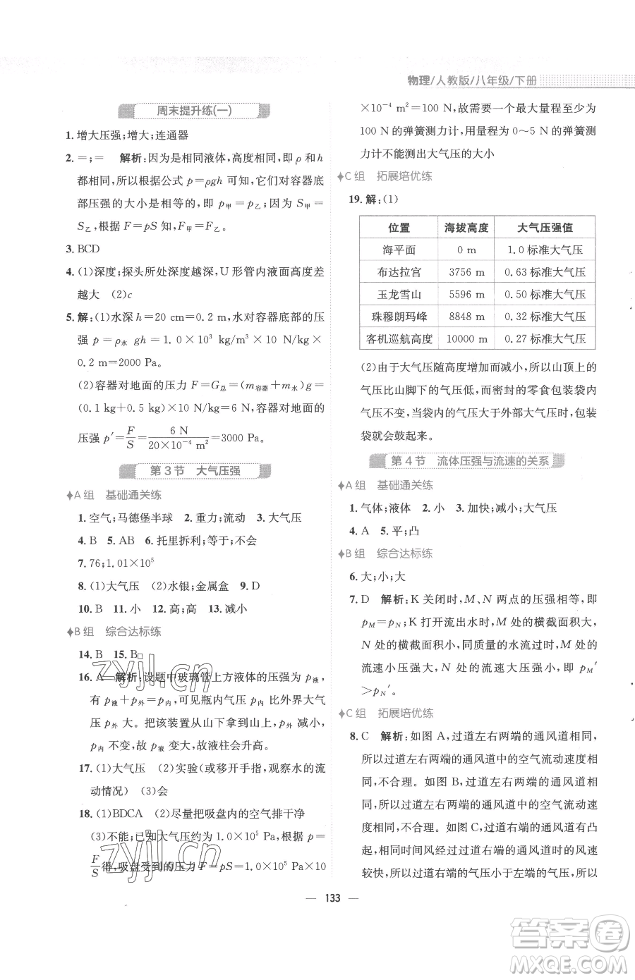 安徽教育出版社2023新編基礎(chǔ)訓(xùn)練八年級(jí)下冊(cè)物理人教版參考答案