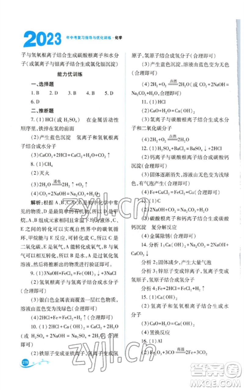 山西教育出版社2023中考復(fù)習(xí)指導(dǎo)與優(yōu)化訓(xùn)練九年級(jí)化學(xué)通用版參考答案