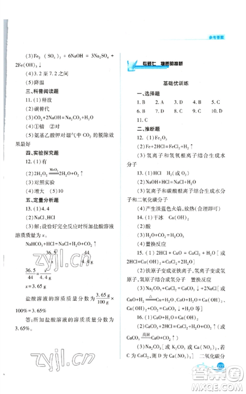 山西教育出版社2023中考復(fù)習(xí)指導(dǎo)與優(yōu)化訓(xùn)練九年級(jí)化學(xué)通用版參考答案