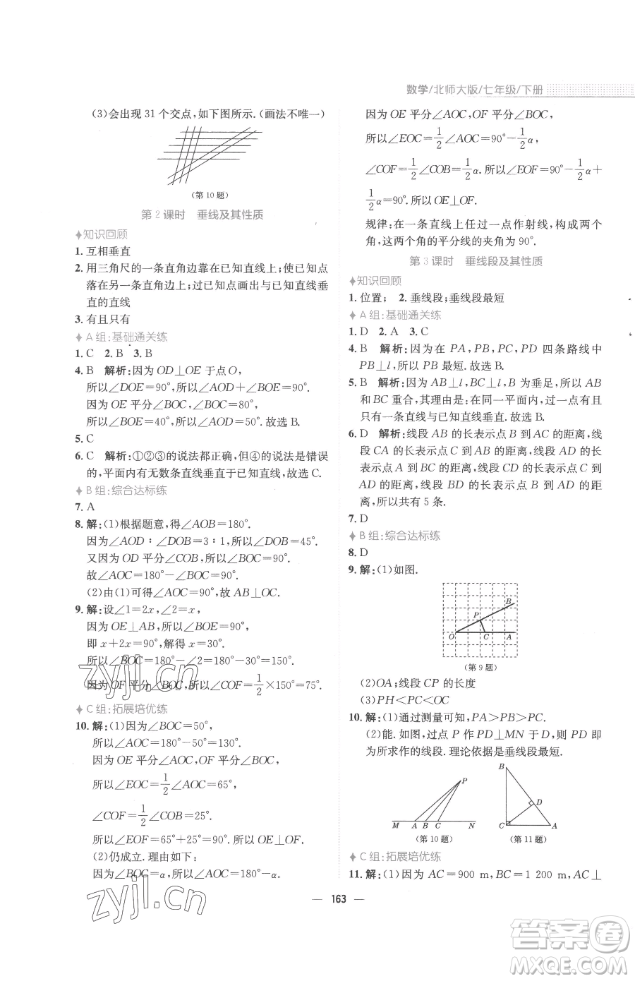 安徽教育出版社2023新編基礎(chǔ)訓(xùn)練七年級下冊數(shù)學(xué)北師大版參考答案