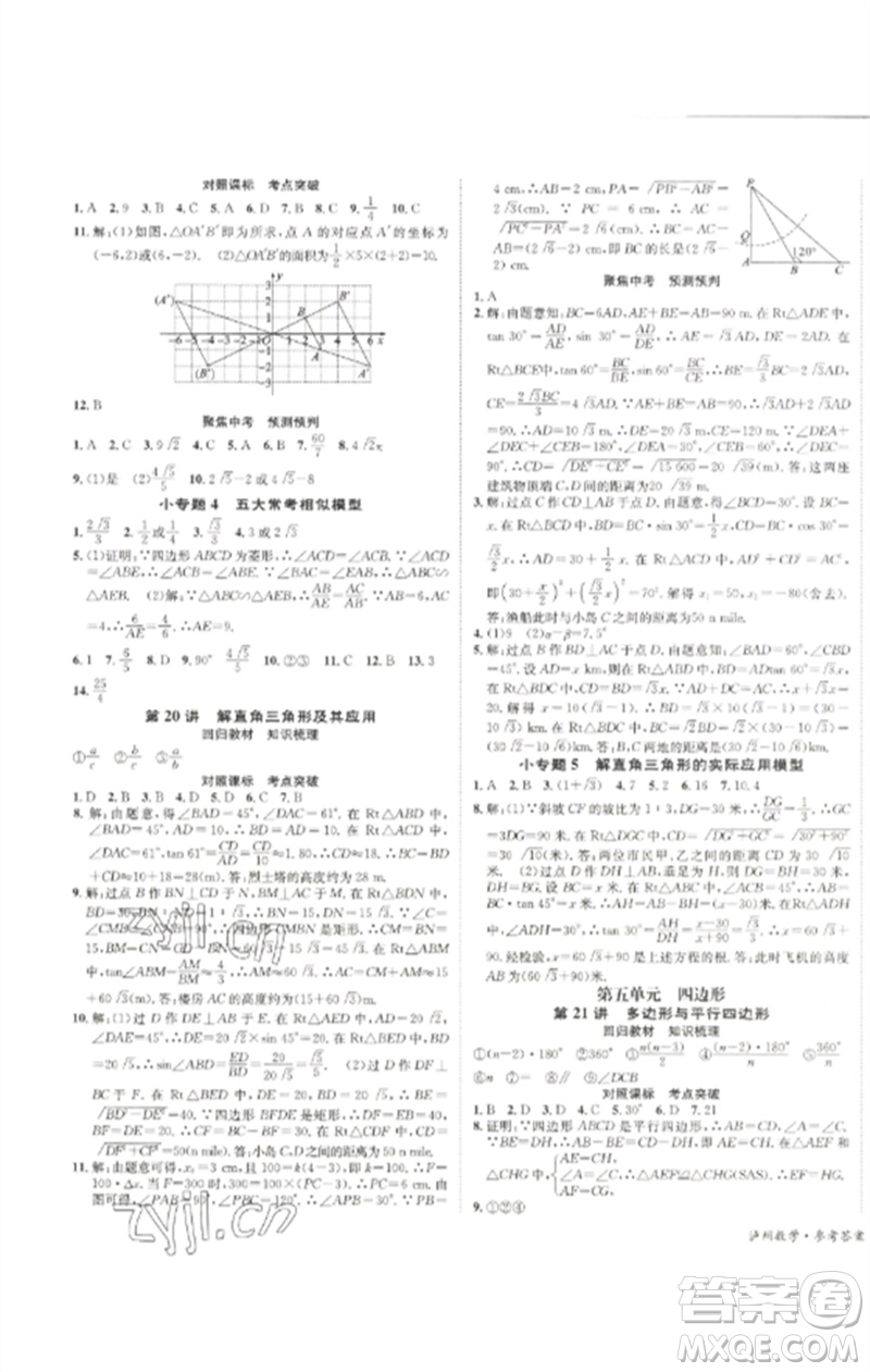 長江出版社2023中考復(fù)習總動員九年級數(shù)學通用版瀘州專版參考答案