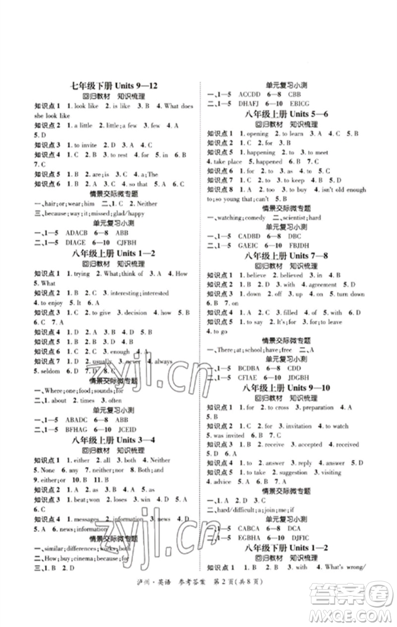 長江出版社2023中考復(fù)習(xí)總動員九年級英語通用版瀘州專版參考答案