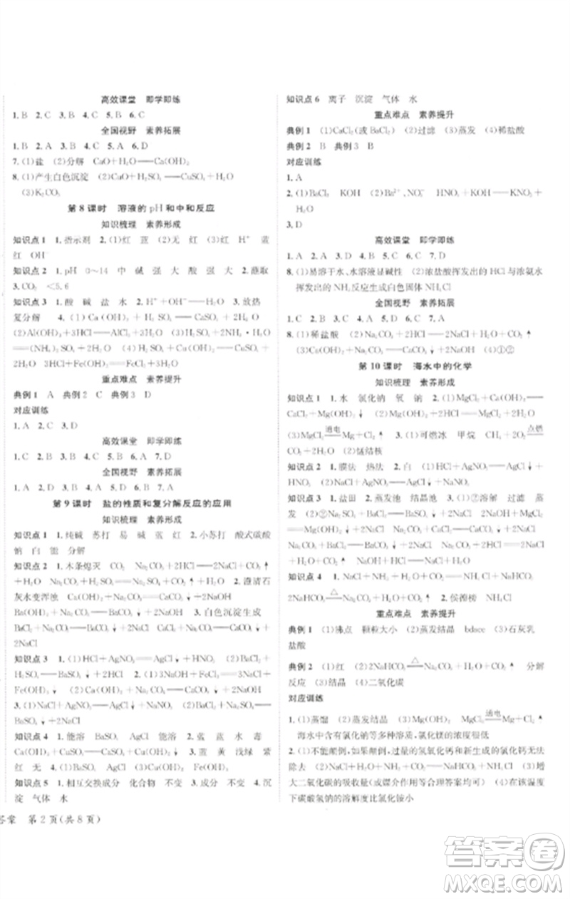 長江出版社2023中考復習總動員九年級化學通用版瀘州專版參考答案