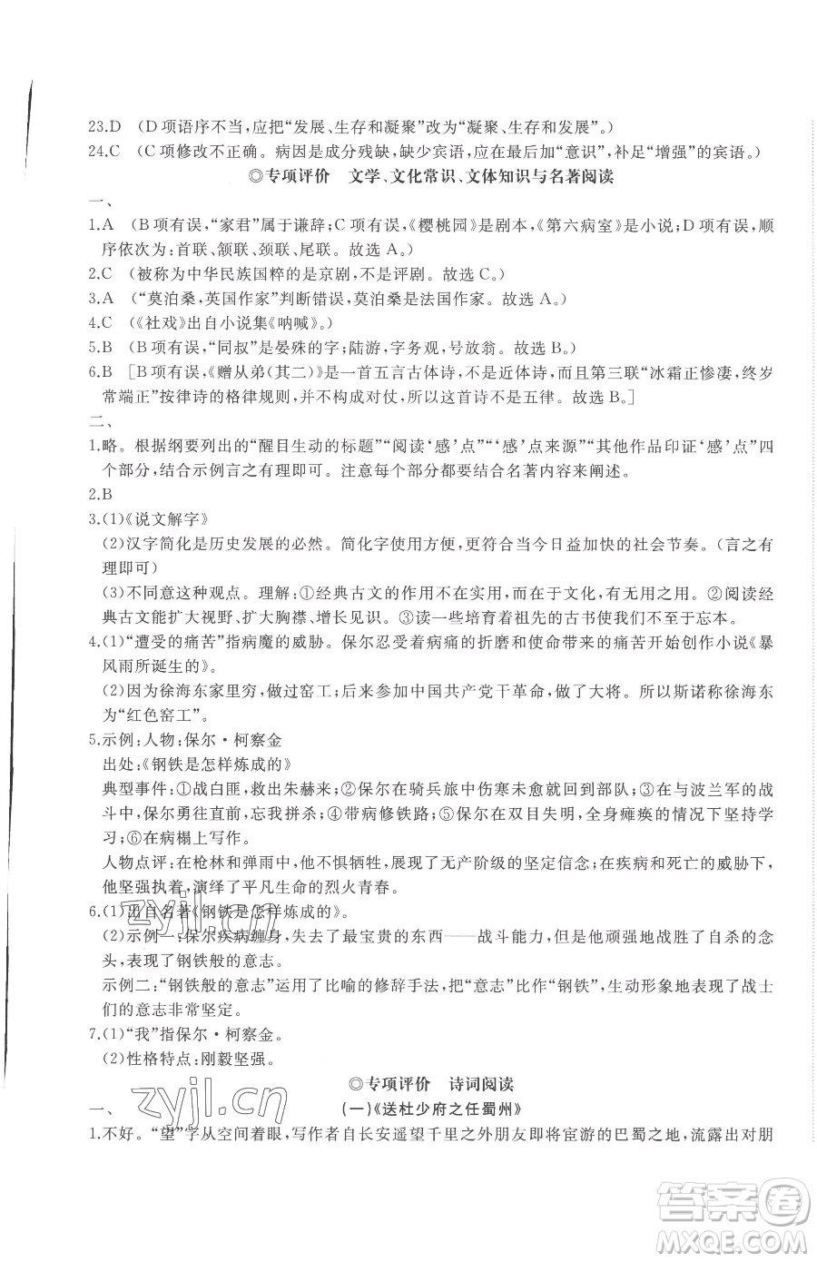 山東友誼出版社2023精練課堂分層作業(yè)八年級(jí)下冊(cè)語(yǔ)文人教版參考答案