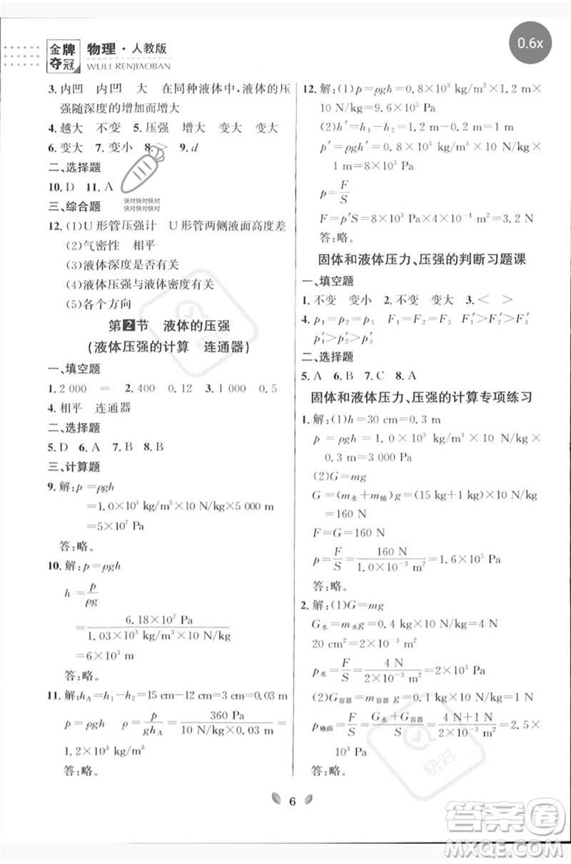 延邊大學出版社2023點石成金金牌奪冠八年級物理下冊人教版大連專版參考答案