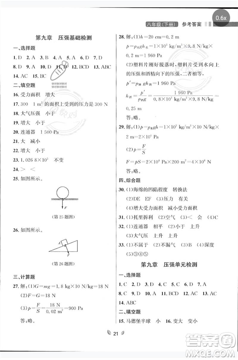 延邊大學出版社2023點石成金金牌奪冠八年級物理下冊人教版大連專版參考答案