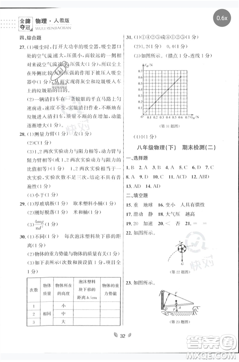 延邊大學出版社2023點石成金金牌奪冠八年級物理下冊人教版大連專版參考答案