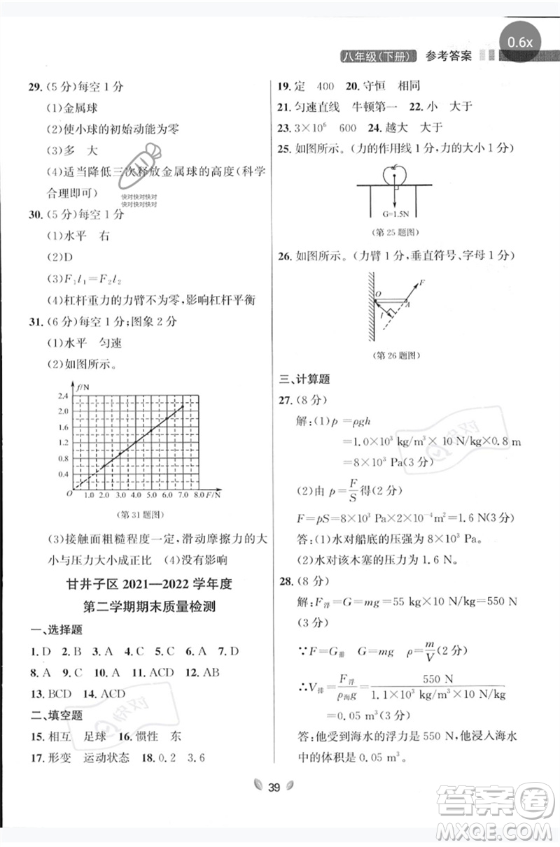 延邊大學出版社2023點石成金金牌奪冠八年級物理下冊人教版大連專版參考答案