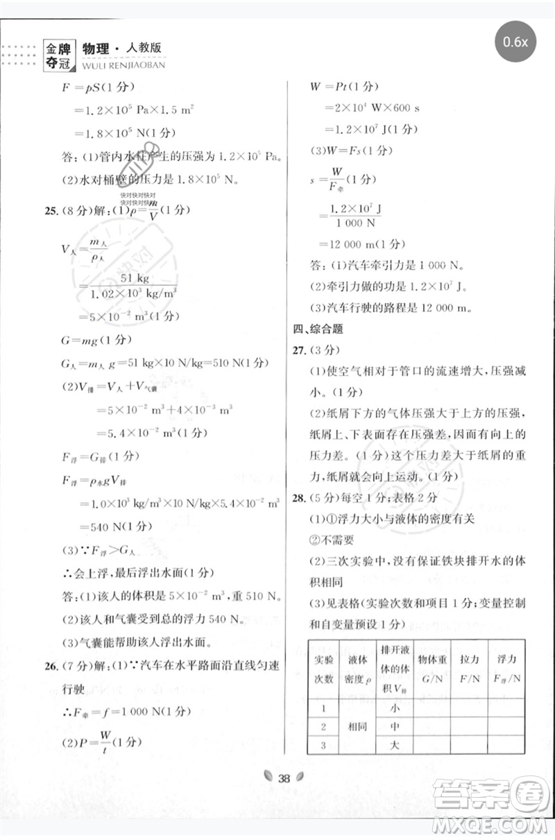 延邊大學出版社2023點石成金金牌奪冠八年級物理下冊人教版大連專版參考答案