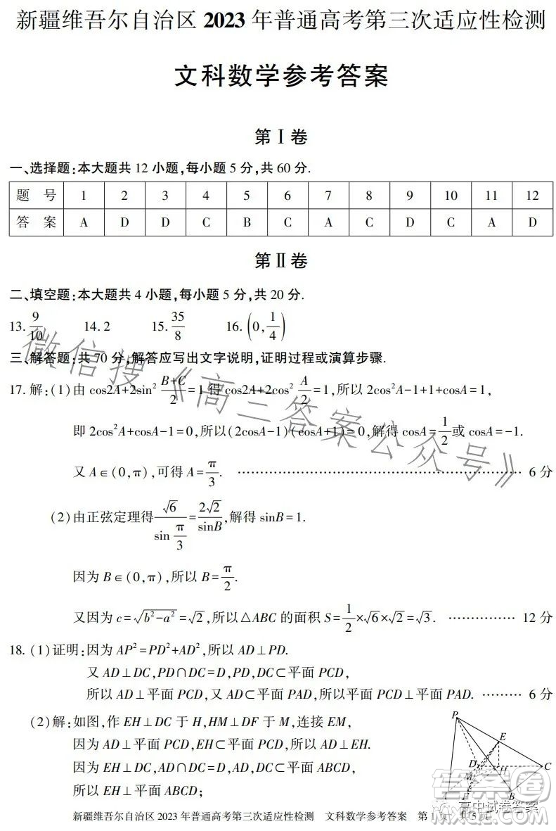 新疆維吾爾自治區(qū)2023年普通高考第三次適應(yīng)性檢測(cè)文科數(shù)學(xué)試卷答案