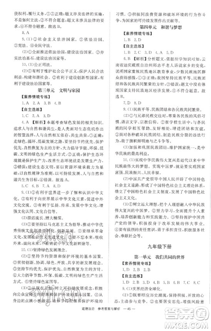 湖南師范大學(xué)出版社2023全程奪冠中考突破九年級(jí)道德與法治通用版參考答案