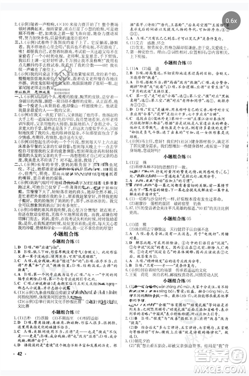 陜西人民教育出版社2023中考總復(fù)習(xí)導(dǎo)與練九年級語文人教版參考答案