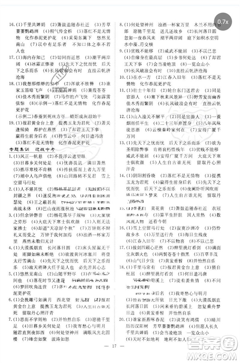 陜西人民教育出版社2023初中總復習導與練九年級語文通用版包頭專版參考答案