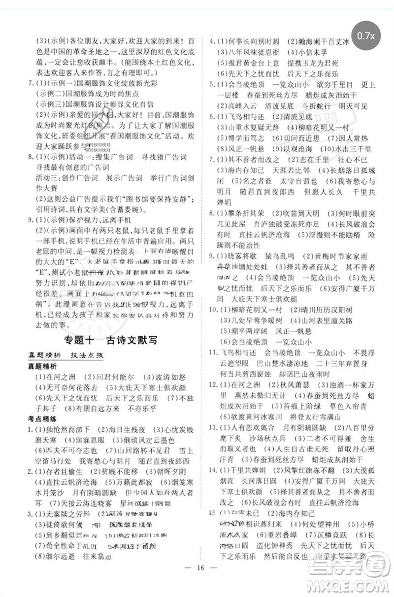 陜西人民教育出版社2023初中總復習導與練九年級語文通用版包頭專版參考答案