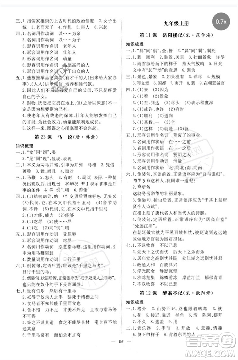 陜西人民教育出版社2023初中總復習導與練九年級語文通用版包頭專版參考答案