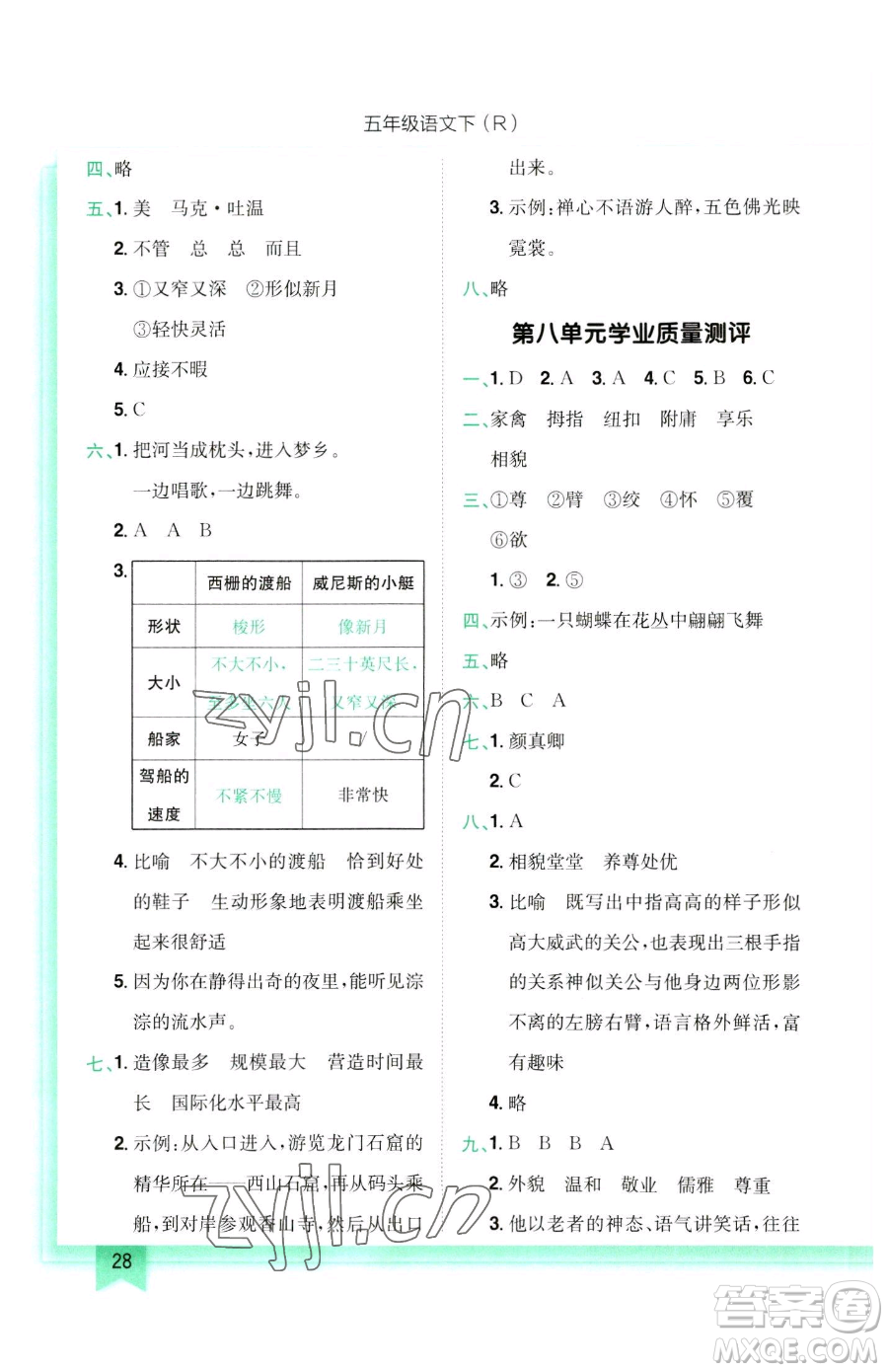 龍門書局2023黃岡小狀元作業(yè)本五年級(jí)下冊(cè)語(yǔ)文人教版參考答案