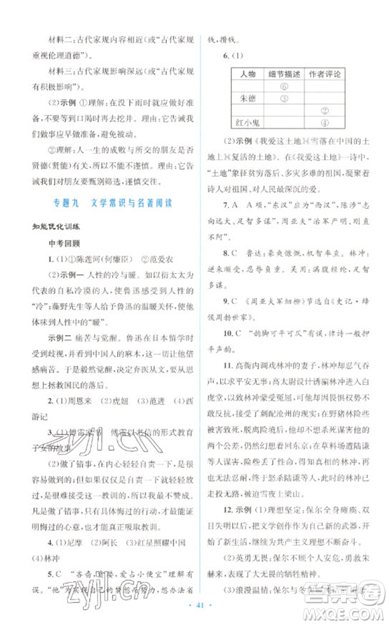 人民教育出版社2023初中總復(fù)習(xí)優(yōu)化設(shè)計九年級語文人教版參考答案