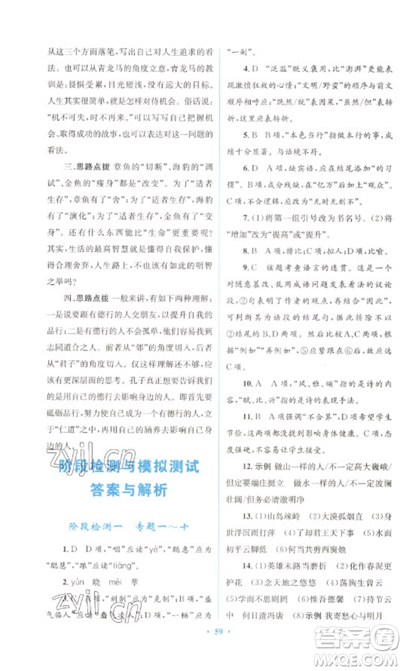 人民教育出版社2023初中總復(fù)習(xí)優(yōu)化設(shè)計九年級語文人教版參考答案