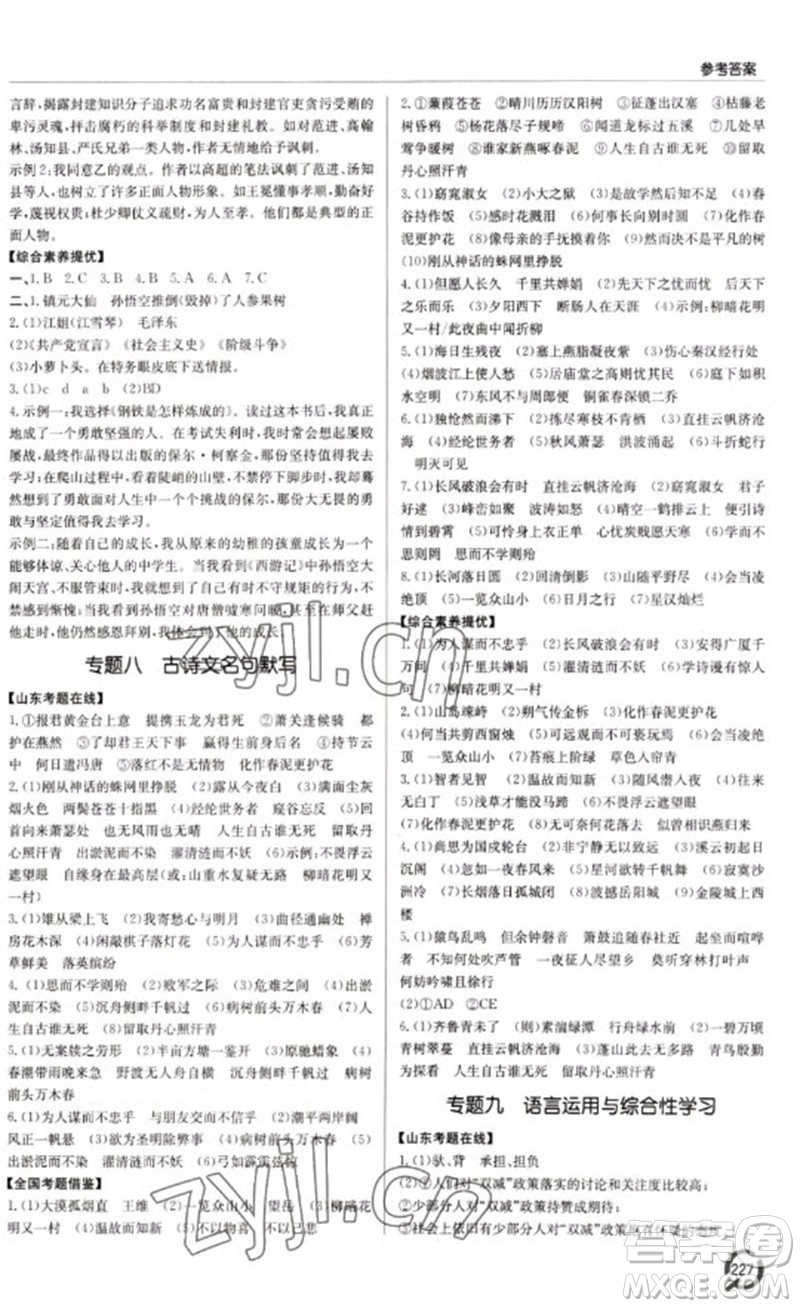 青島出版社2023初中總復(fù)習(xí)手冊九年級語文通用版參考答案