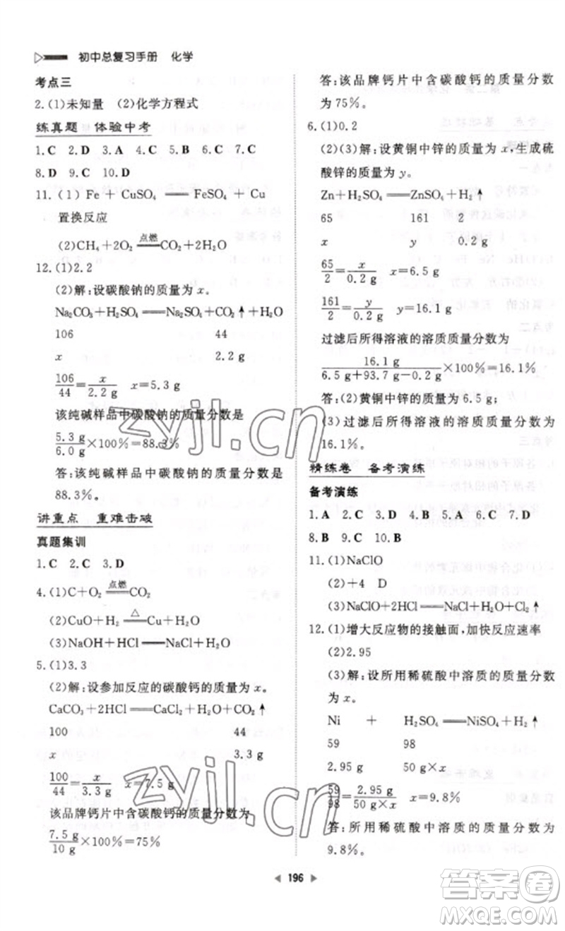 新世紀出版社2023初中總復習手冊九年級化學通用版參考答案