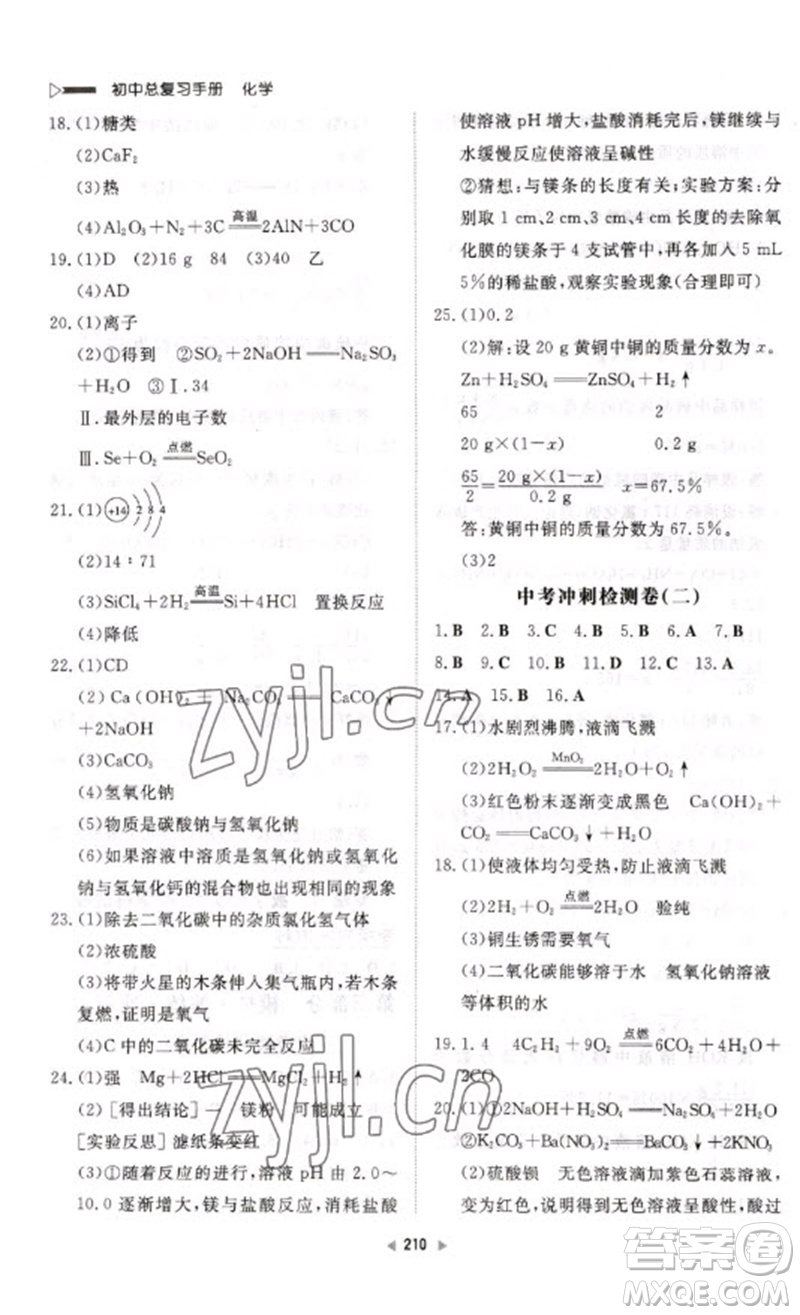 新世紀出版社2023初中總復習手冊九年級化學通用版參考答案