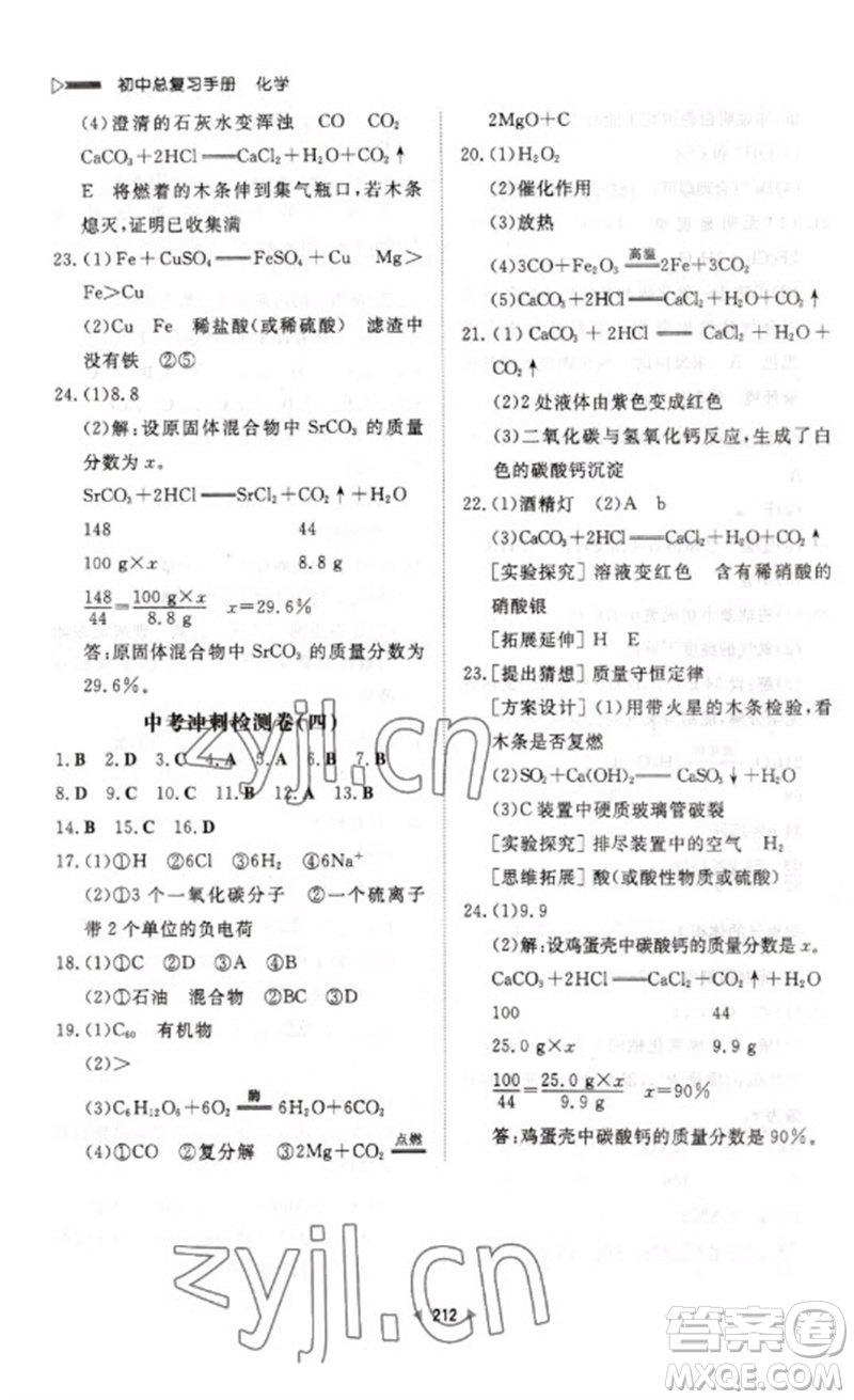 新世紀出版社2023初中總復習手冊九年級化學通用版參考答案