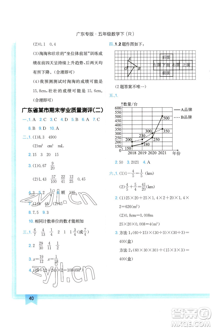 龍門書局2023黃岡小狀元作業(yè)本五年級(jí)下冊(cè)數(shù)學(xué)人教版廣東專版參考答案