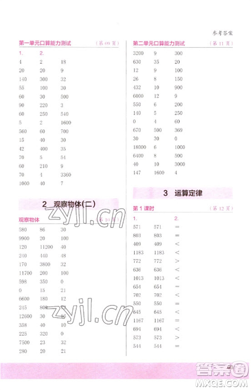 江蘇鳳凰少年兒童出版社2023口算小狀元口算速算天天練四年級數(shù)學下冊人教版參考答案