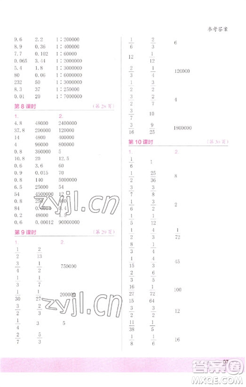 江蘇鳳凰少年兒童出版社2023口算小狀元口算速算天天練六年級數學下冊人教版參考答案