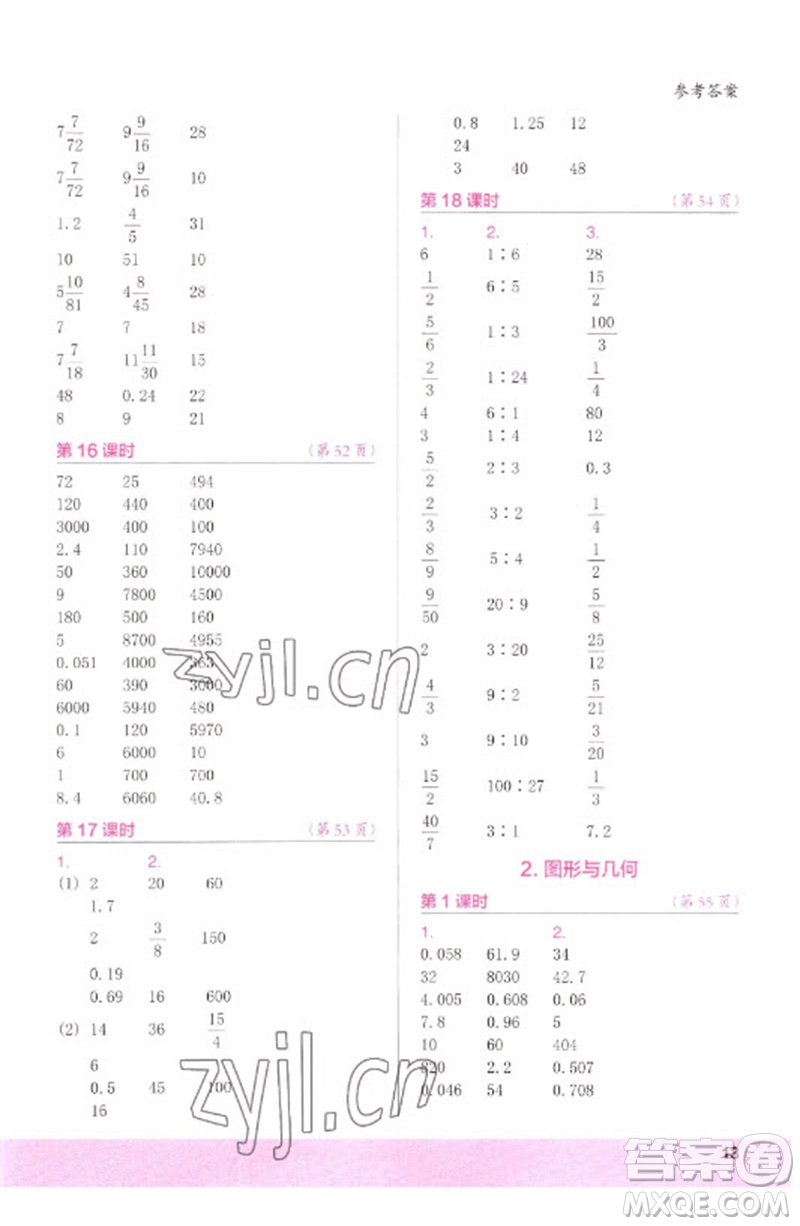 江蘇鳳凰少年兒童出版社2023口算小狀元口算速算天天練六年級數學下冊人教版參考答案