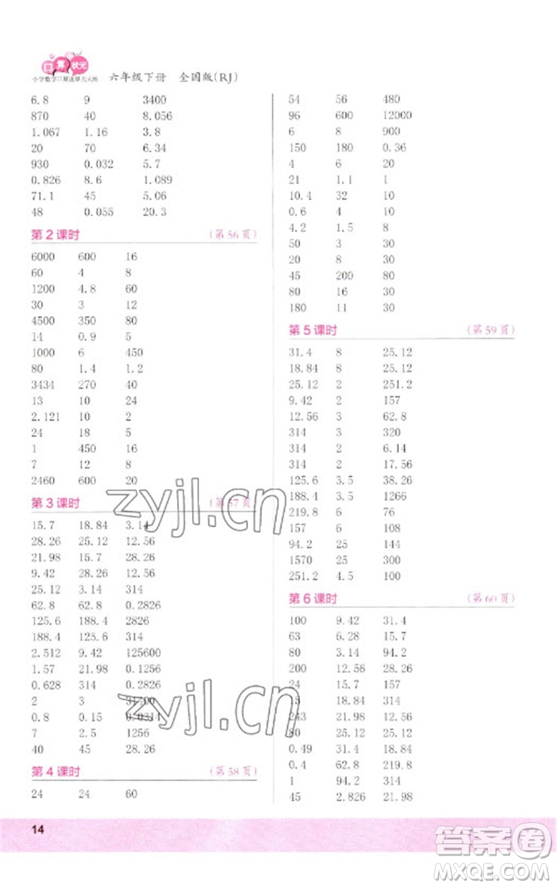 江蘇鳳凰少年兒童出版社2023口算小狀元口算速算天天練六年級數學下冊人教版參考答案