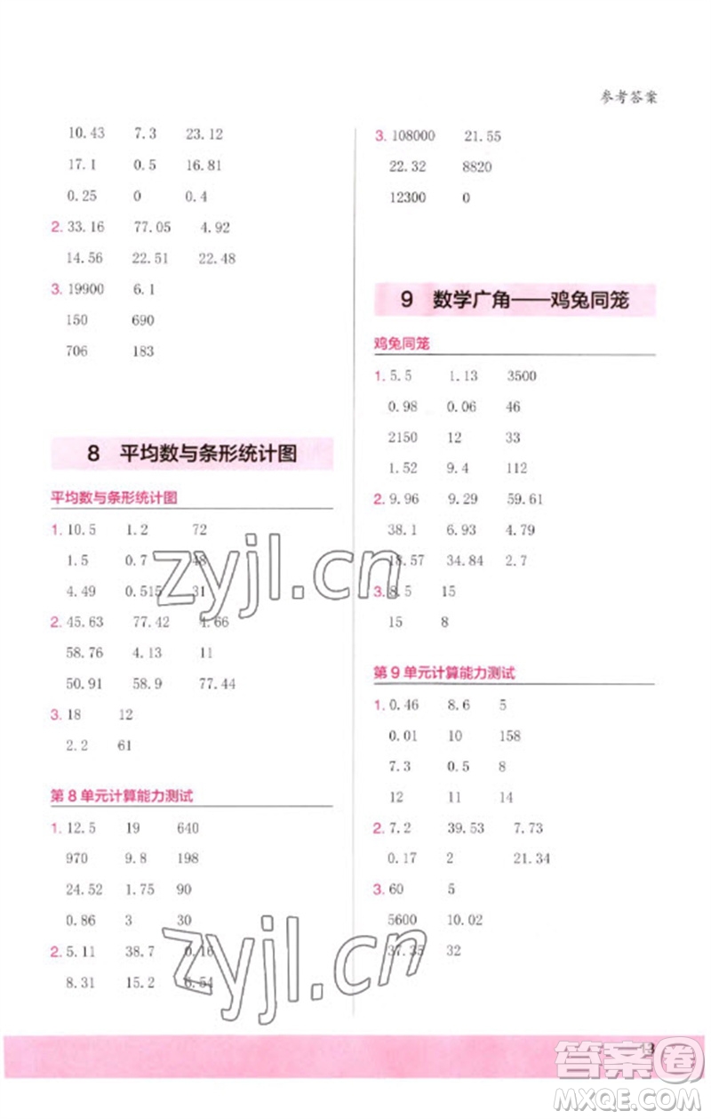 鷺江出版社2023木頭馬計算小狀元小學(xué)四年級數(shù)學(xué)下冊人教版浙江專版參考答案