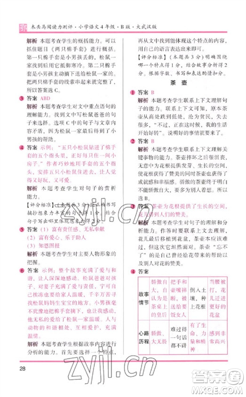 湖南師范大學(xué)出版社2023木頭馬閱讀力測評四年級語文下冊人教版武漢專版B版參考答案