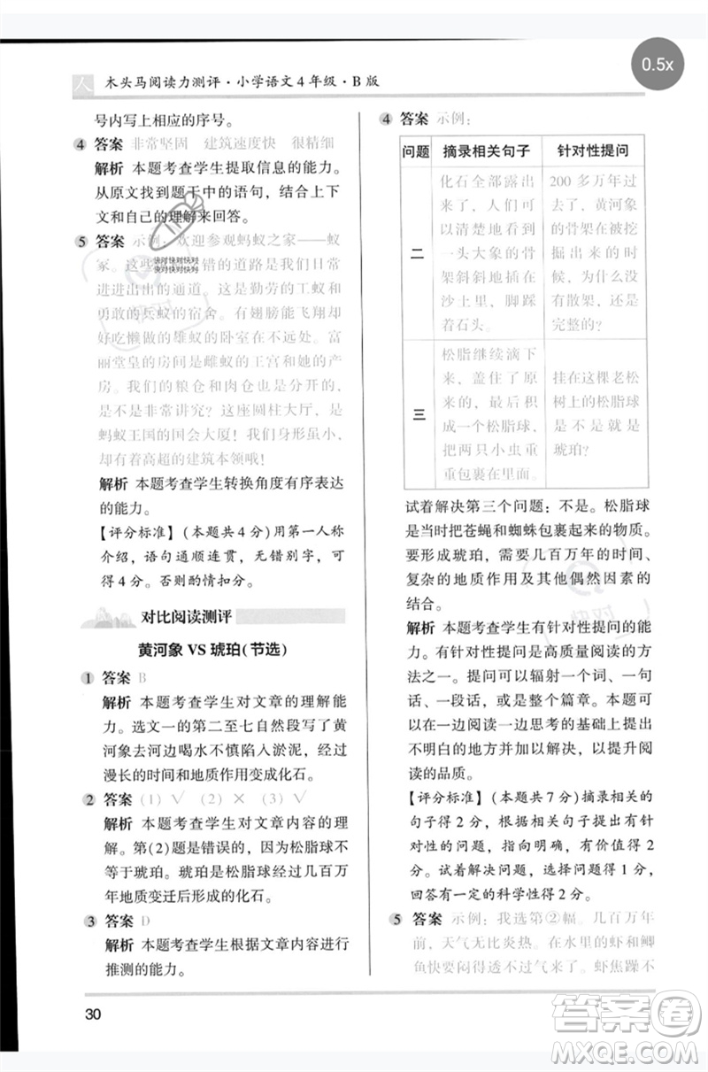 湖南師范大學(xué)出版社2023木頭馬閱讀力測評四年級語文人教版B版參考答案