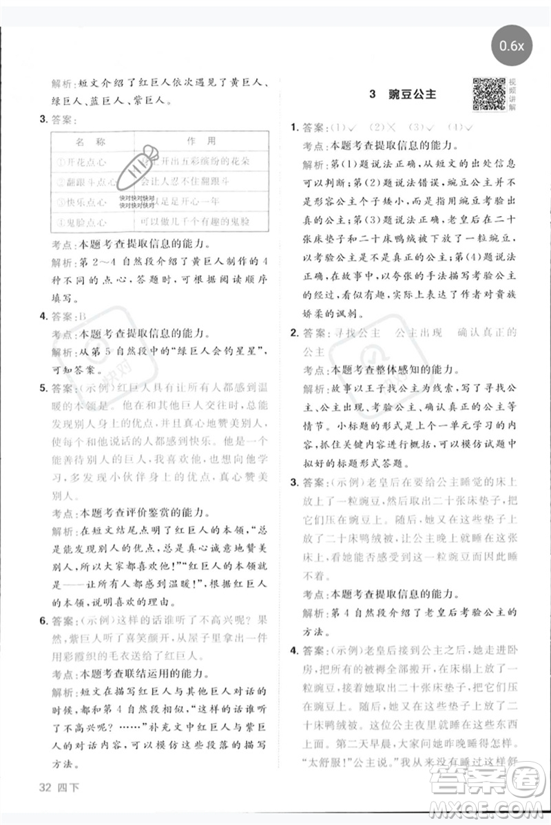 江西教育出版社2023陽光同學(xué)同步閱讀素養(yǎng)測試四年級(jí)語文下冊人教版參考答案