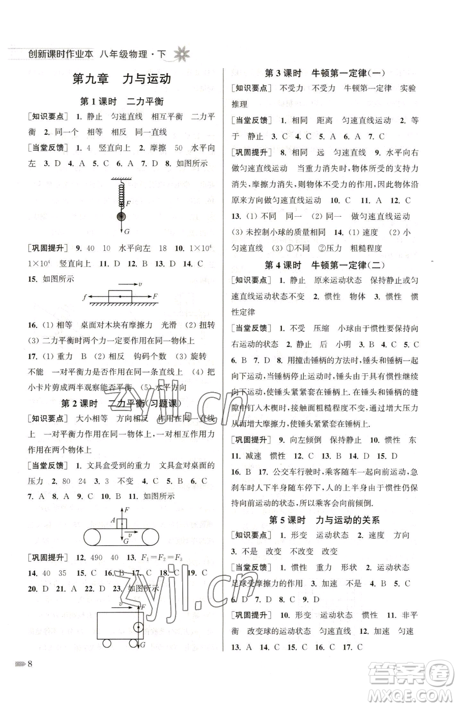 江蘇鳳凰美術(shù)出版社2023創(chuàng)新課時作業(yè)本八年級下冊物理江蘇版參考答案