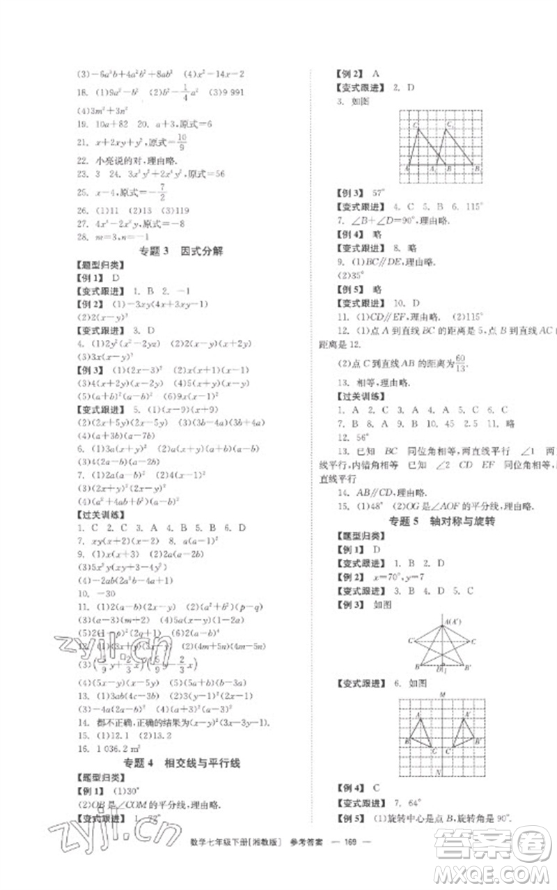 湖南教育出版社2023全效學(xué)習(xí)同步學(xué)練測七年級(jí)數(shù)學(xué)下冊(cè)湘教版參考答案