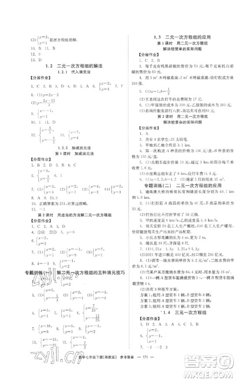 湖南教育出版社2023全效學(xué)習(xí)同步學(xué)練測七年級(jí)數(shù)學(xué)下冊(cè)湘教版參考答案