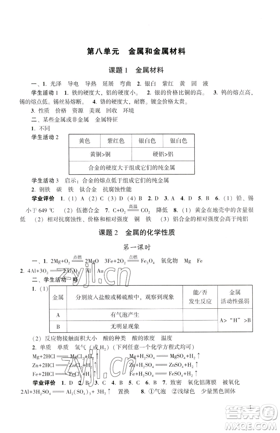 廣州出版社2023陽光學業(yè)評價九年級下冊化學人教版參考答案