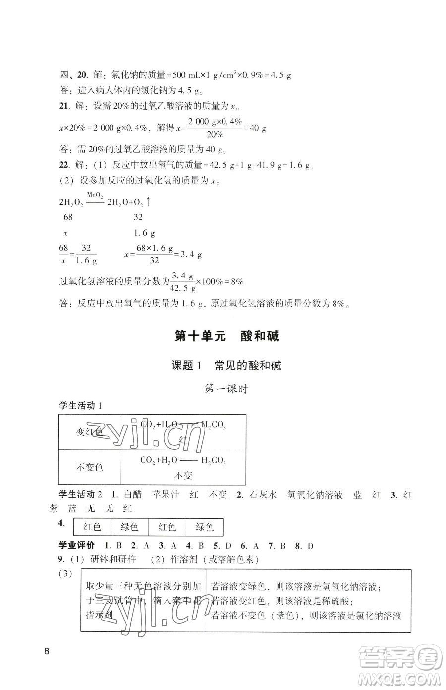 廣州出版社2023陽光學業(yè)評價九年級下冊化學人教版參考答案