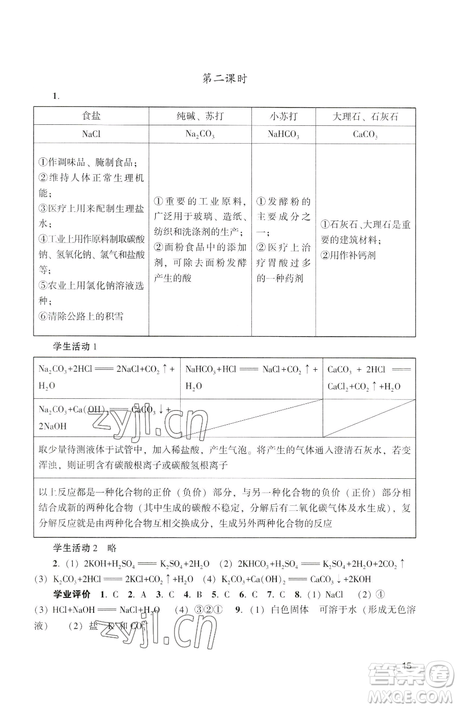 廣州出版社2023陽光學業(yè)評價九年級下冊化學人教版參考答案