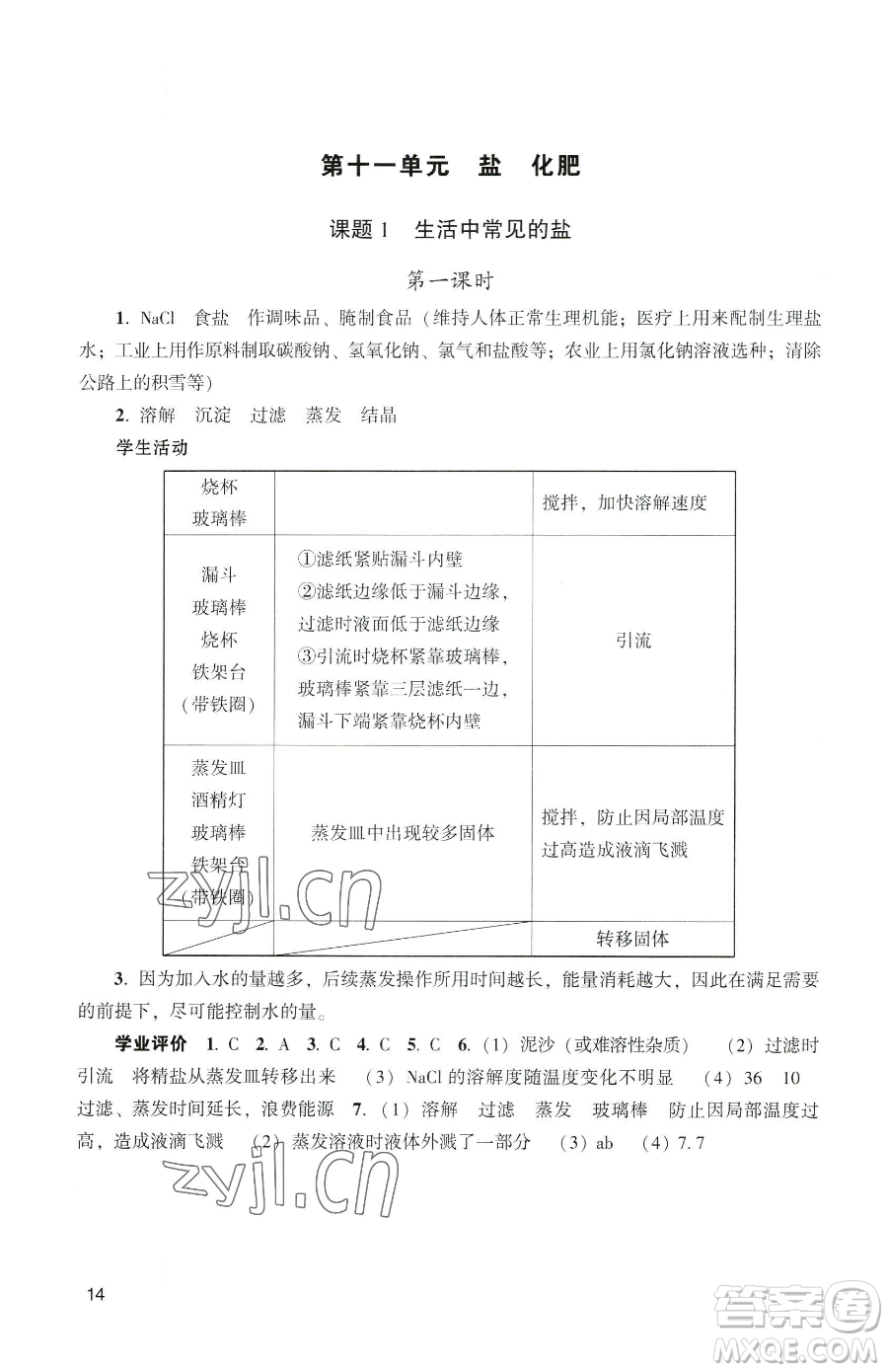 廣州出版社2023陽光學業(yè)評價九年級下冊化學人教版參考答案