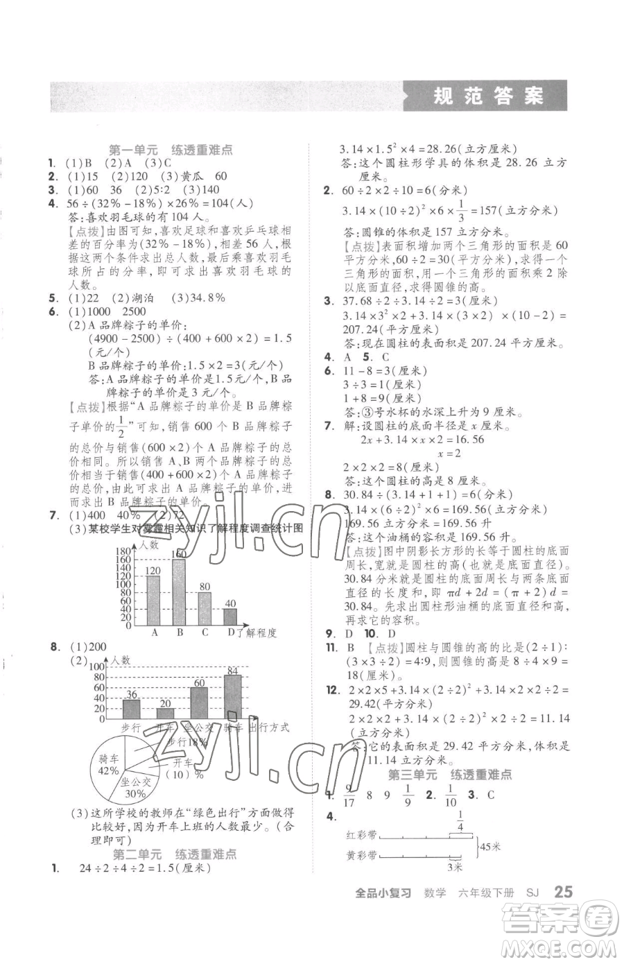 天津人民出版社2023全品小復(fù)習(xí)六年級(jí)下冊(cè)數(shù)學(xué)蘇教版參考答案