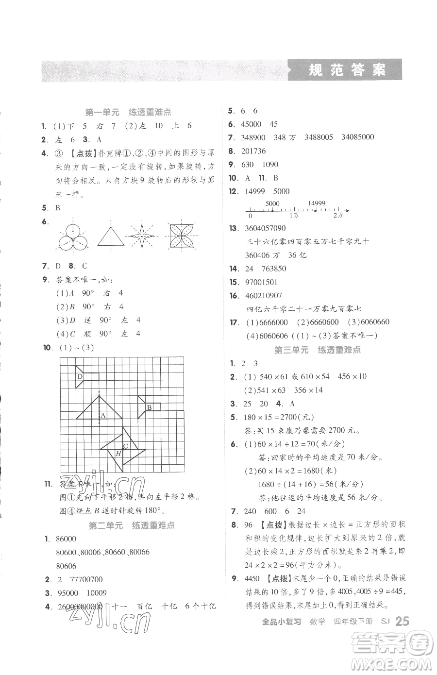 天津人民出版社2023全品小復(fù)習(xí)四年級下冊數(shù)學(xué)蘇教版參考答案